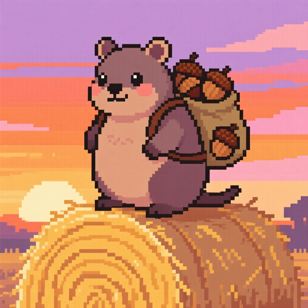 A plump quokka wearing a backpack full of acorns, on top of a haystack at sunset.