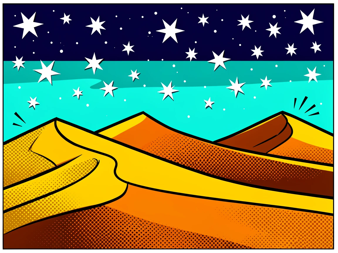 A sweeping sand dune landscape under a starry sky