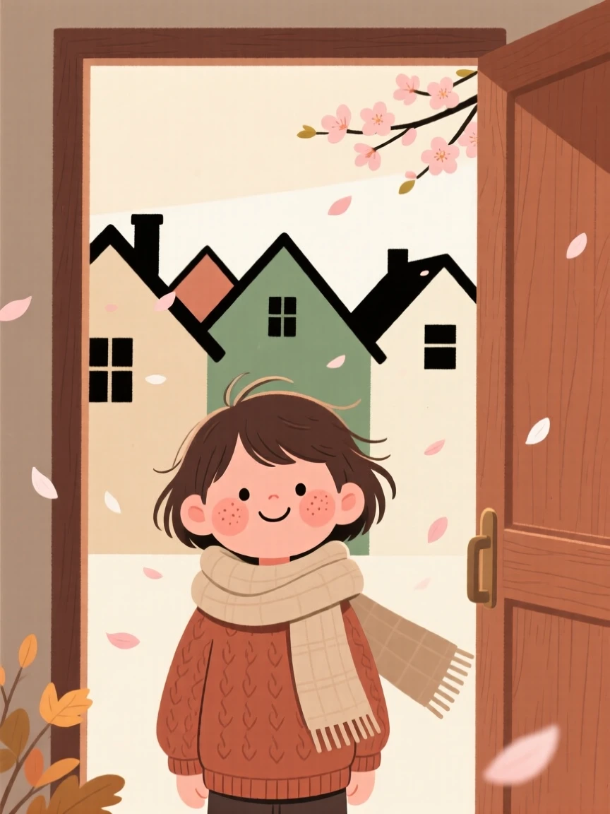 Soft spring petals falls over a row of rooftops as a child watches from a cozy doorway, wrapped warmly against the autumn air.