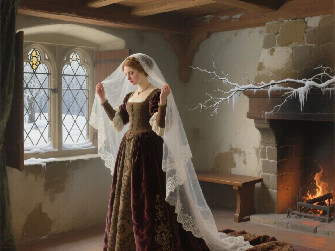 A balanced composition of a bride adjusting her veil before stepping outside, in deep winter, in medieval times.