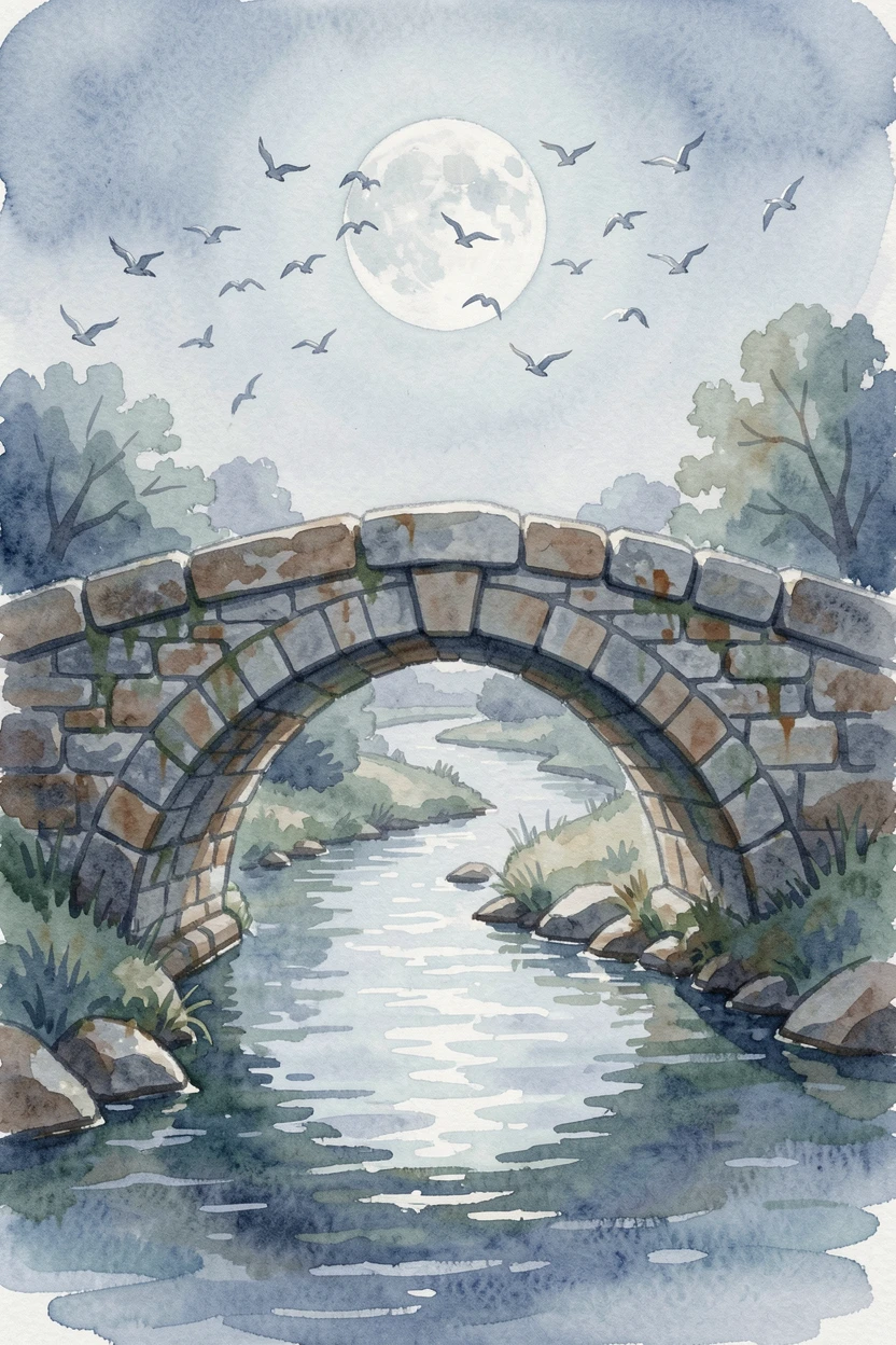 An old stone bridge over a stream under a full moon with a flock of birds crossing the sky.