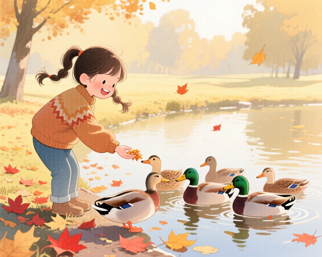 A girl with pigtails feeds ducks at a quiet pond in a golden autumn park, laughter and joy filling the warm afternoon air