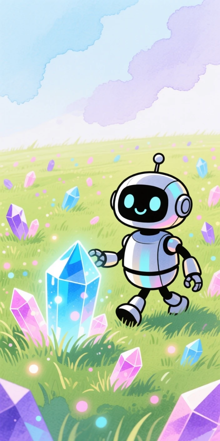 A dazzling view of a friendly robot exploring a field of glowing crystals.