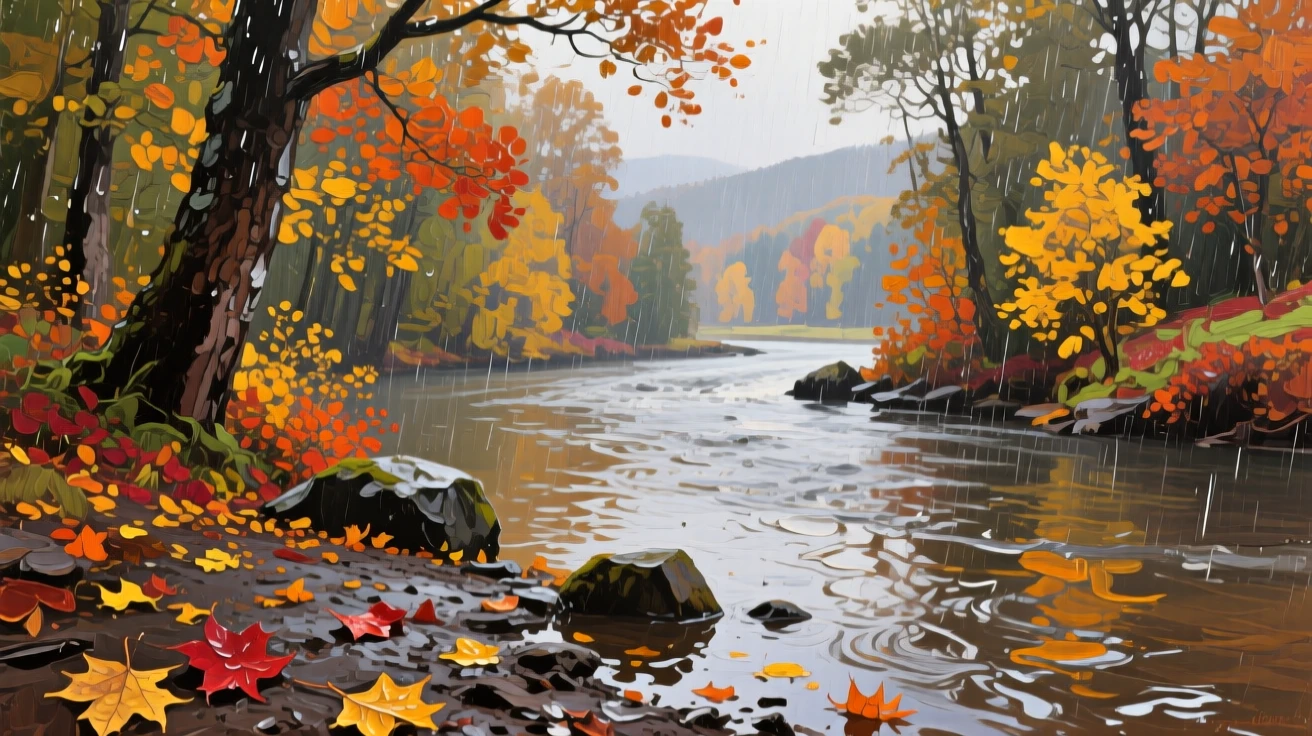 a river bend beneath autumn trees, after fresh rainfall, with layered visual detail from foreground to horizon.