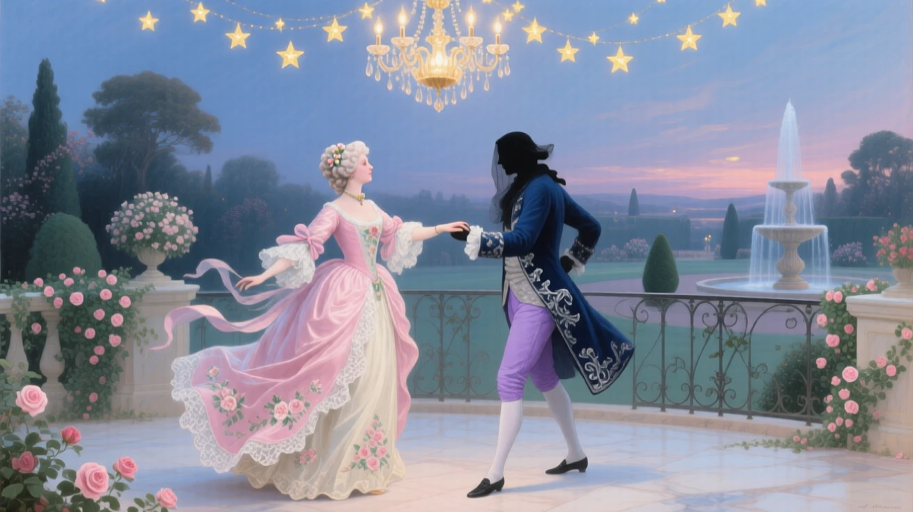 A noblewoman dancing with a shadowy prince beneath a chandelier of stars  