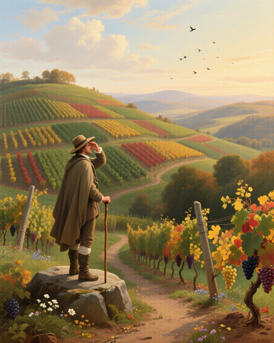 A patchwork of vineyards climbing a hillside, with a solitary traveler pausing to take in the view.