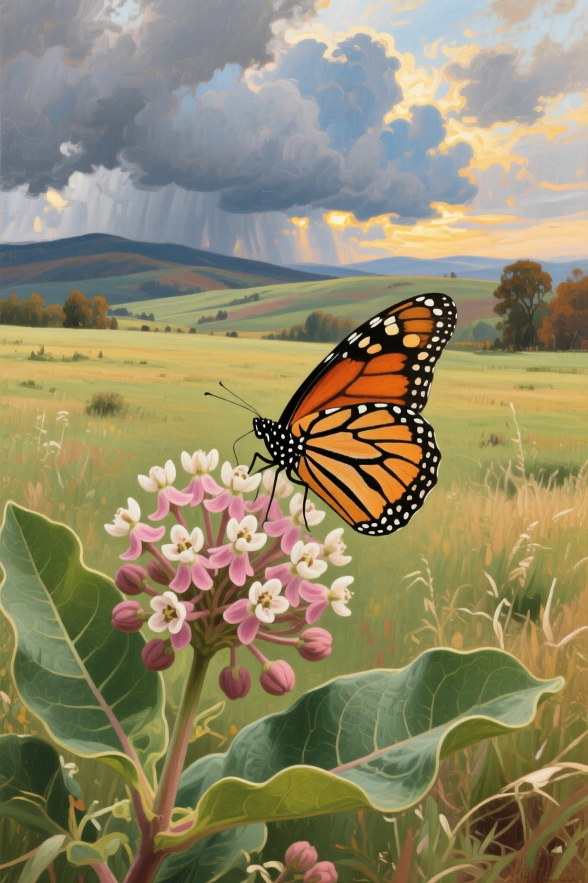 A monarch butterfly resting delicately on a blooming milkweed flower, framed against a vast and dramatic natural backdrop, highlighting the quiet majesty found in the natural world