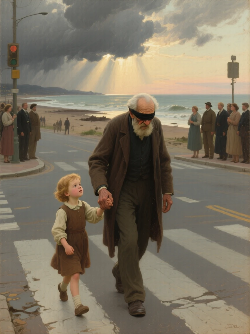 A child leading a blind grandfather safely across a busy street at the moment hope and fear collide, set on a storm-battered shoreline at first light, with storm clouds parting just behind the embracing figures; the surrounding onlookers form a soft frame around the emotional core, filled with gratitude, humility, and human warmth.