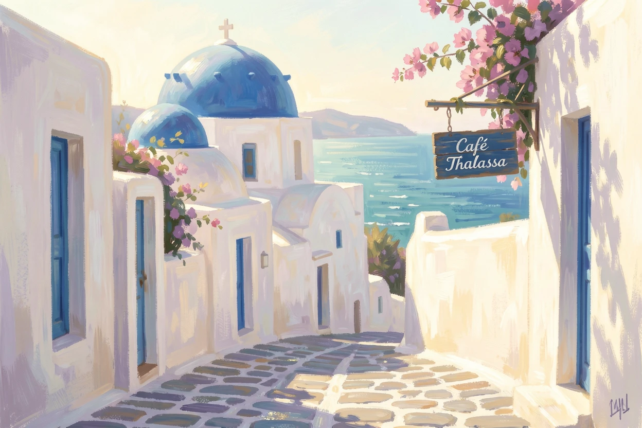 A narrow street in Santorini lined with whitewashed buildings and blue-domed churches overlooking the Aegean Sea.