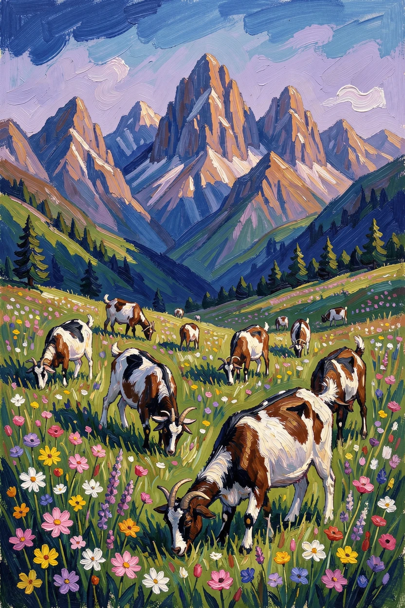 A quiet mountain pasture with wildflowers and grazing goats beneath towering peaks.
