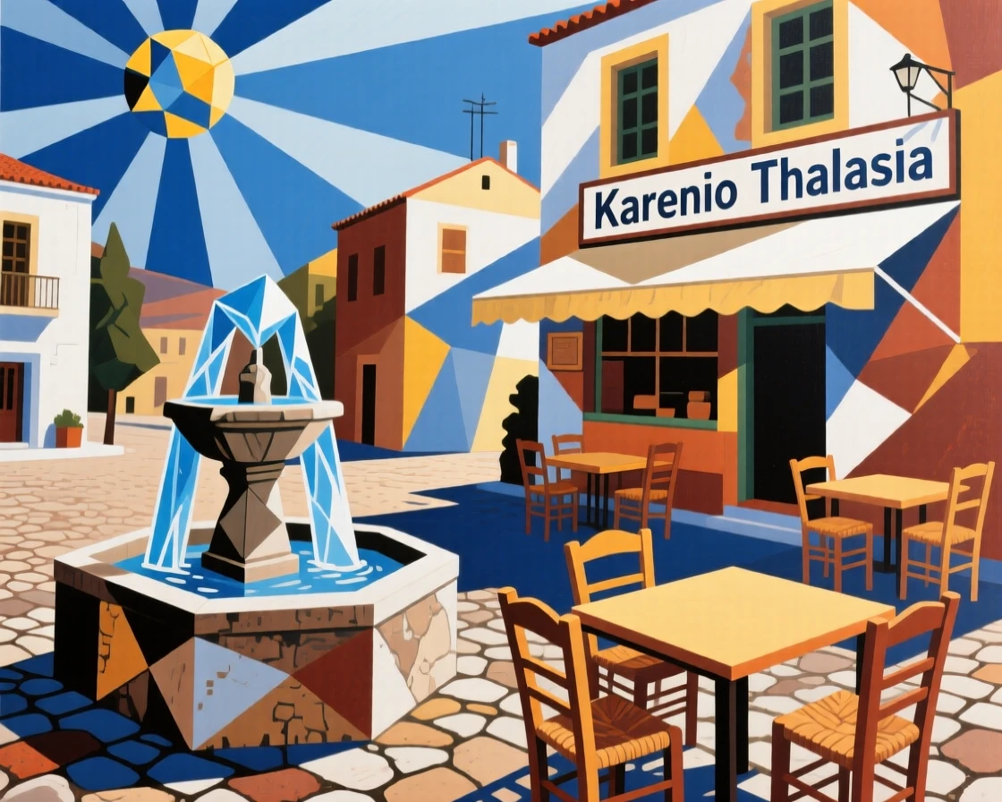 A quiet Greek village square with an old fountain and café tables at noon.