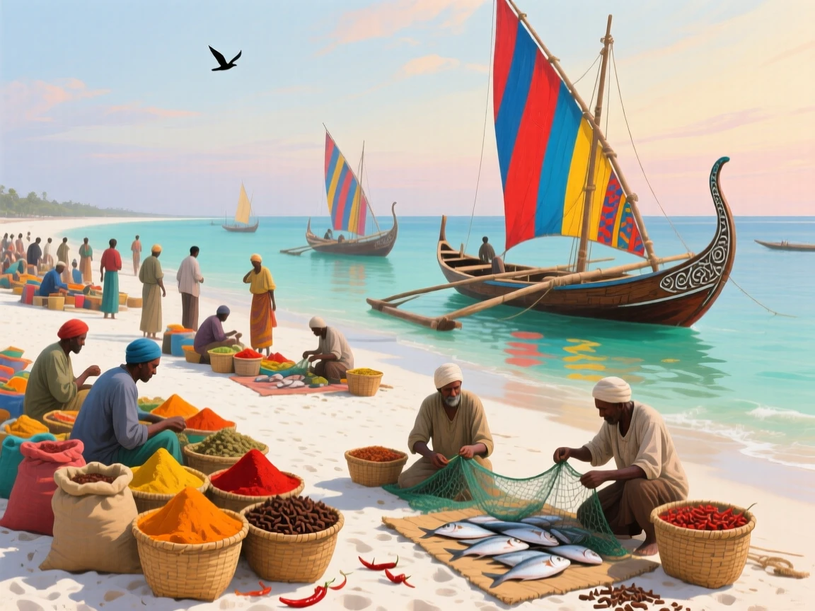 A vibrant beach market in Zanzibar shows colorful dhow boats anchored offshore, spice traders and fishermen gathering near the white sand at low tide, the silence broken only occasionally by the call of a bird crossing the open sky.