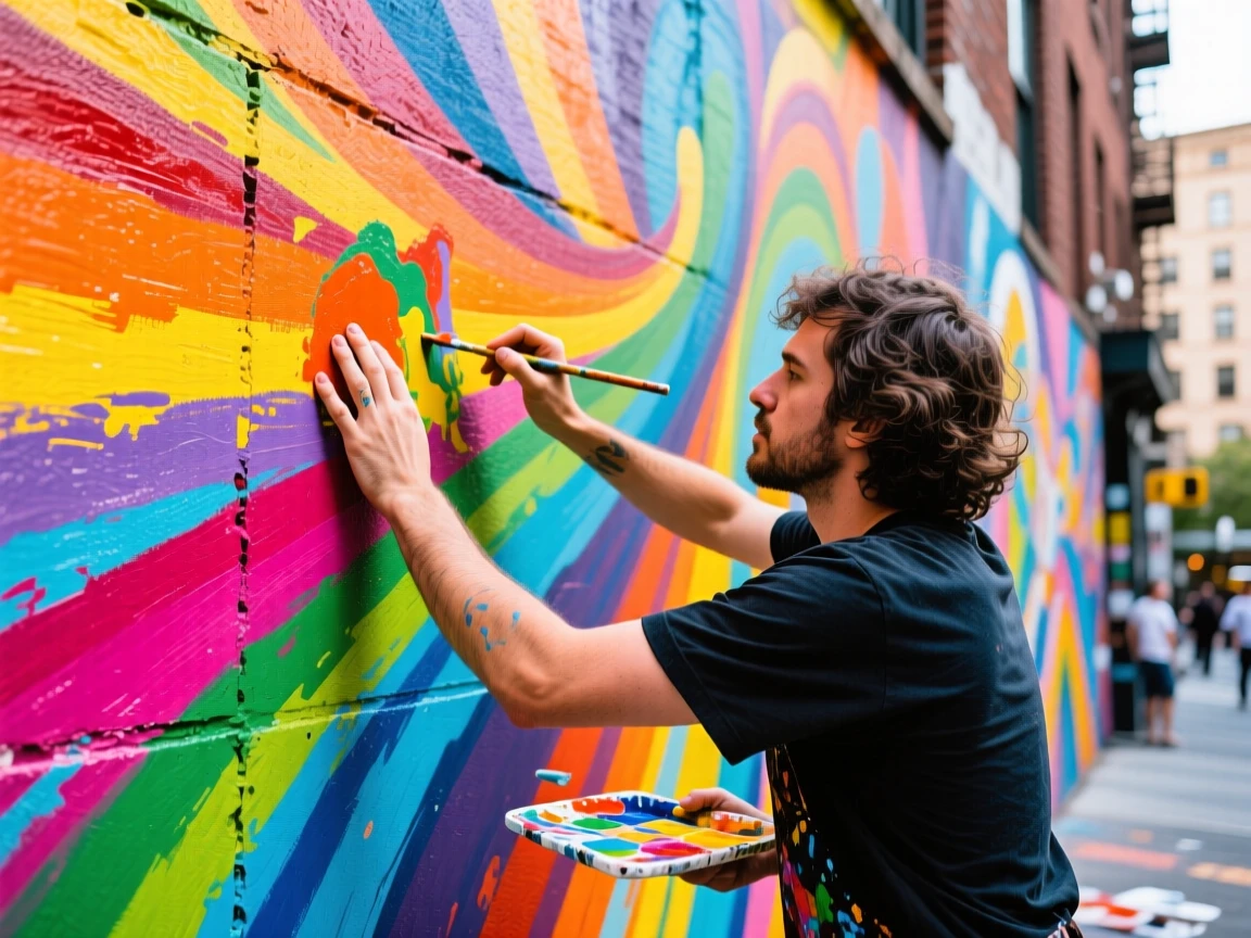 An artist painting a mural on a city wall, vivid colors coming to life beneath their hands