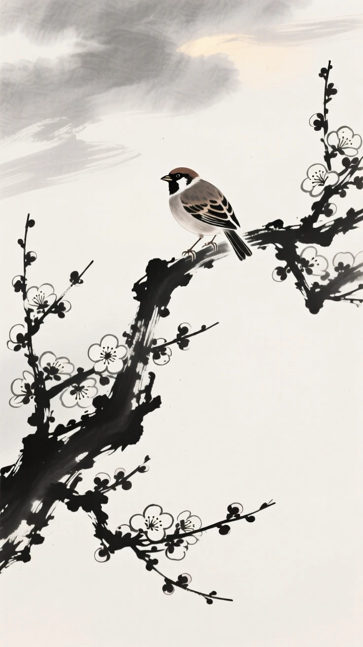 A finch sings from atop a flowering plum tree, while morning light breaks through the clouds.