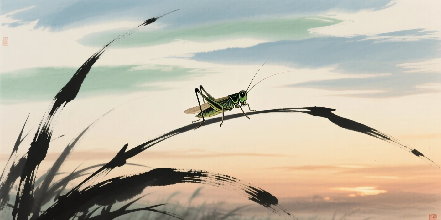 A cricket resting on a blade of grass in the evening light, under a sky streaked with clouds.