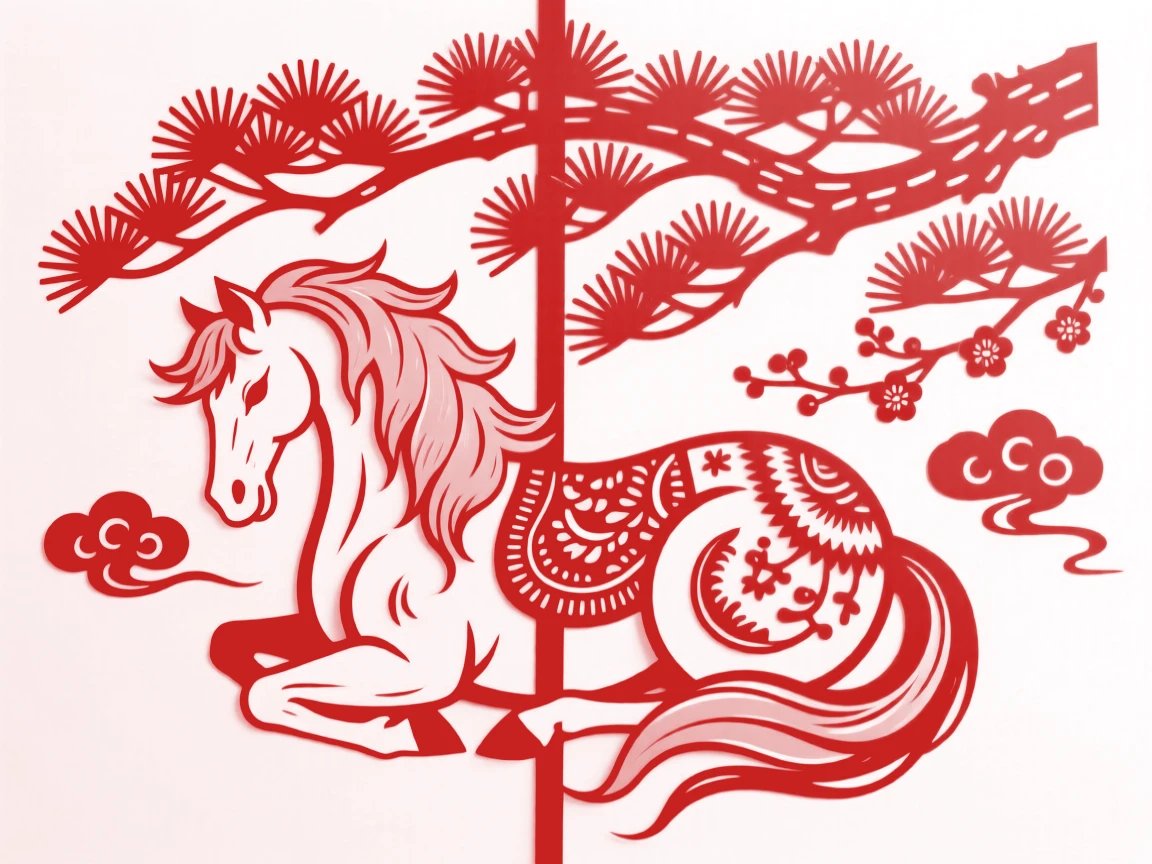 A silver-maned horse, curled up beneath a canopy of pine needles, symbolizing peace and good fortune.