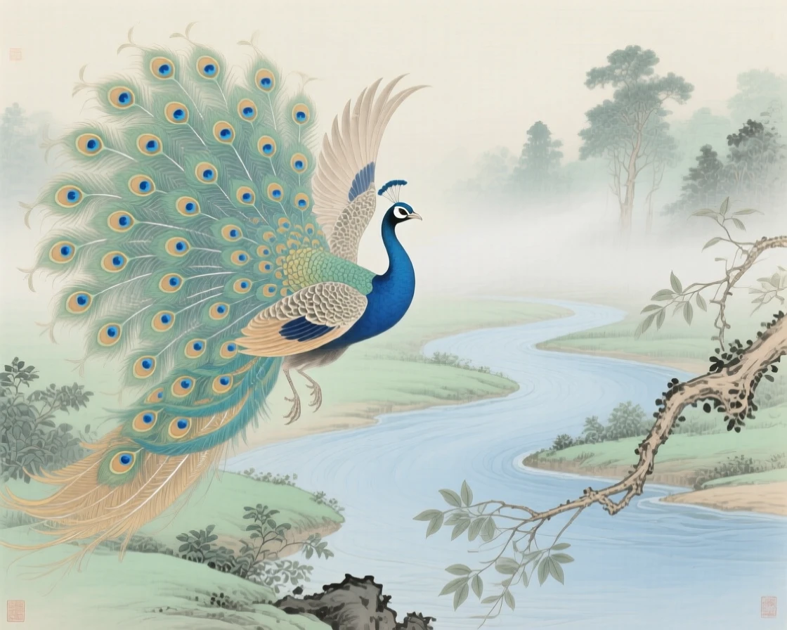 A peacock with its tail fanned open taking flight over a misty river bend, soft morning light filtering through the branches