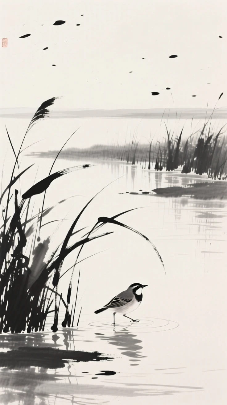 A songbird wading through shallow reeds along the edge of a reed-lined marsh, framed against a wide expanse of open sky, evoking grace, freedom, and quiet elegance.
