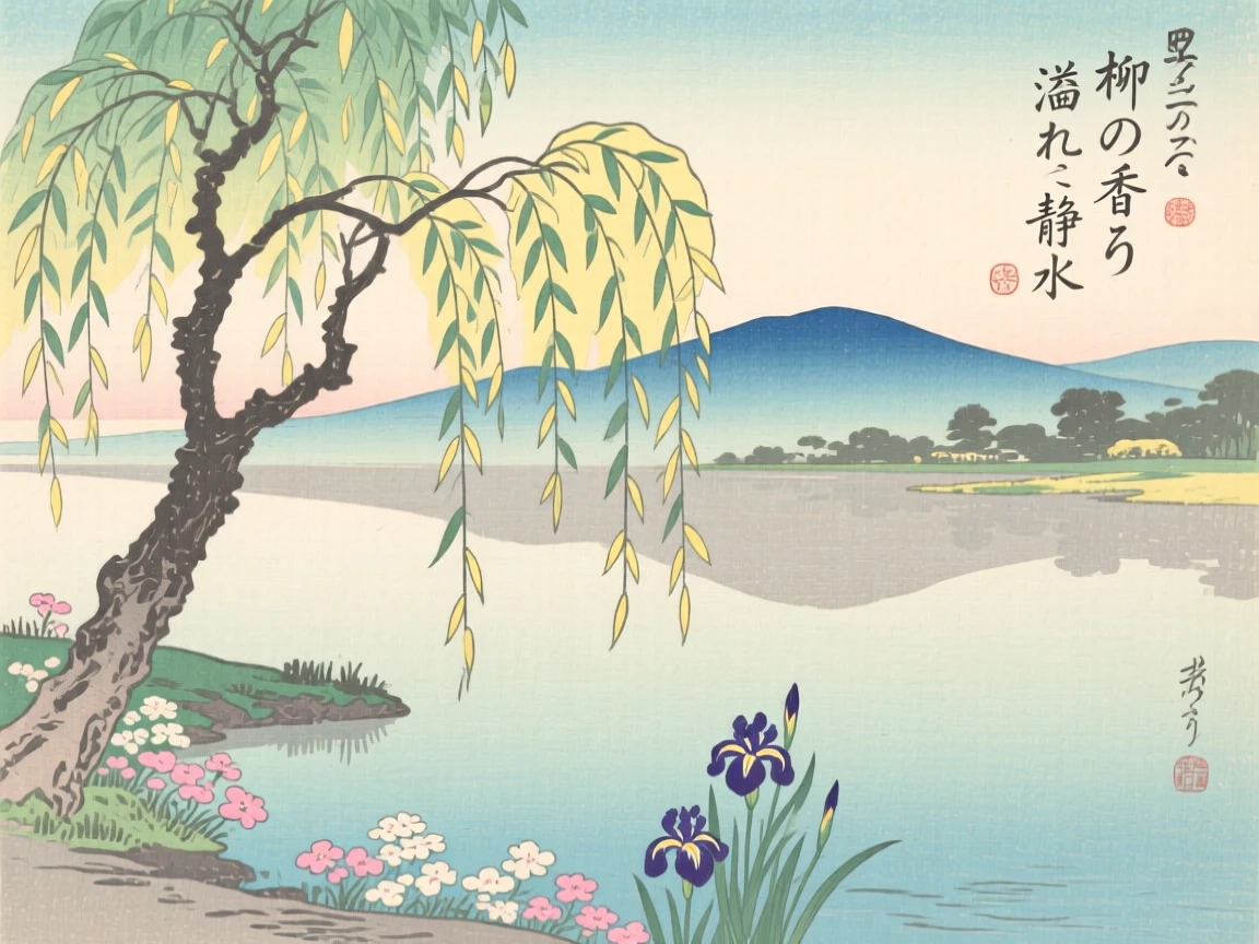 A willow tree trailing over still water, filled with the scent of blooming flowers.