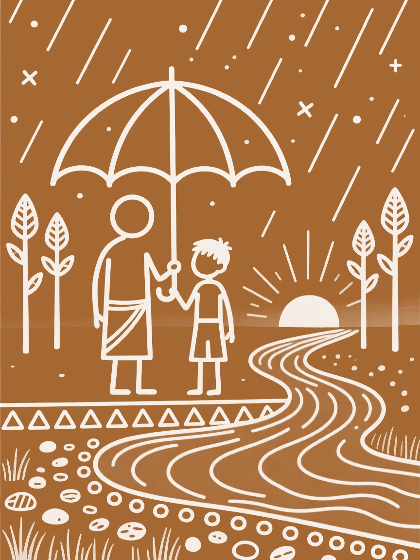 A father and his teenage son sharing an umbrella during a sudden rain shower beside a river at dusk.