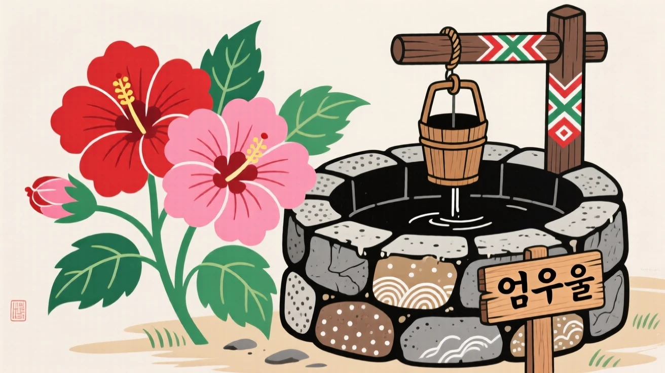 Hibiscus flowers in bright bloom beside an old well.
