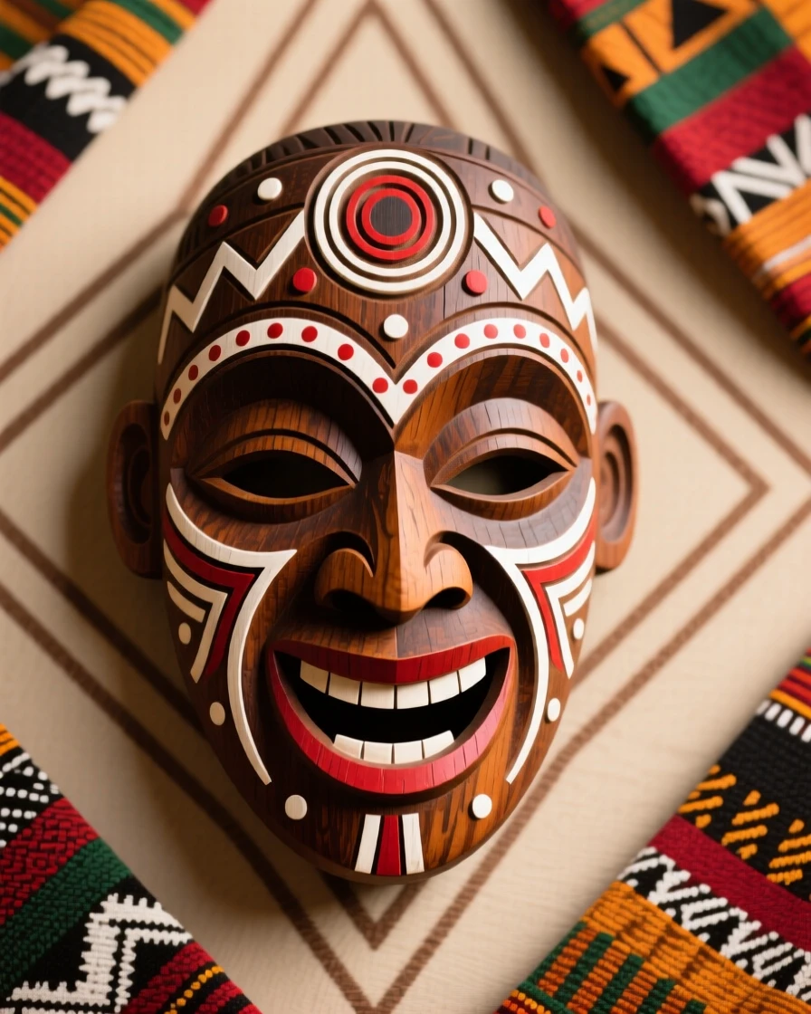 A carved wooden mask worn during a joyful wedding celebration.