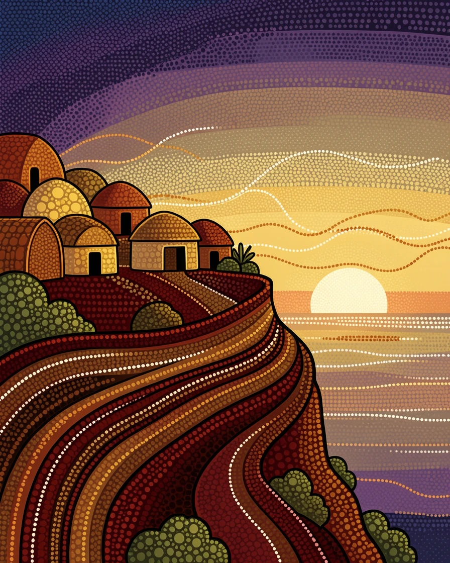 A cliffside village lit by the last light of day