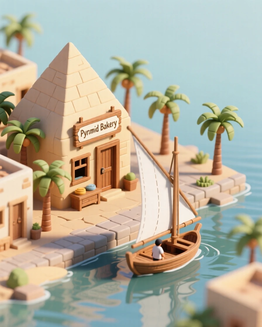 A miniature Egyptian village near the Nile, with palm-lined streets, a small pyramid-shaped bakery, and a felucca boat sailing past on the river.