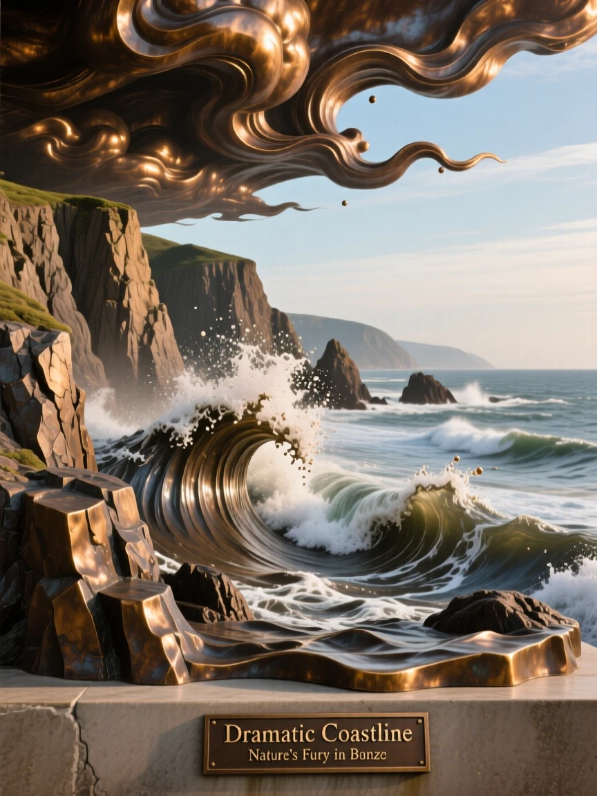 A dramatic coastline with waves crashing against cliffs, under a vast and dramatic sky, offering a breathtaking sense of place