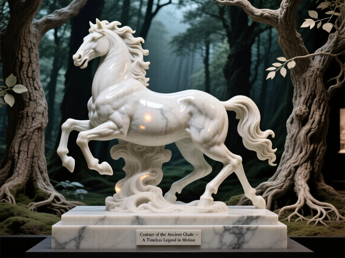A centaur galloping through an ancient forest, bathed in an otherworldly glow, radiating power and legend