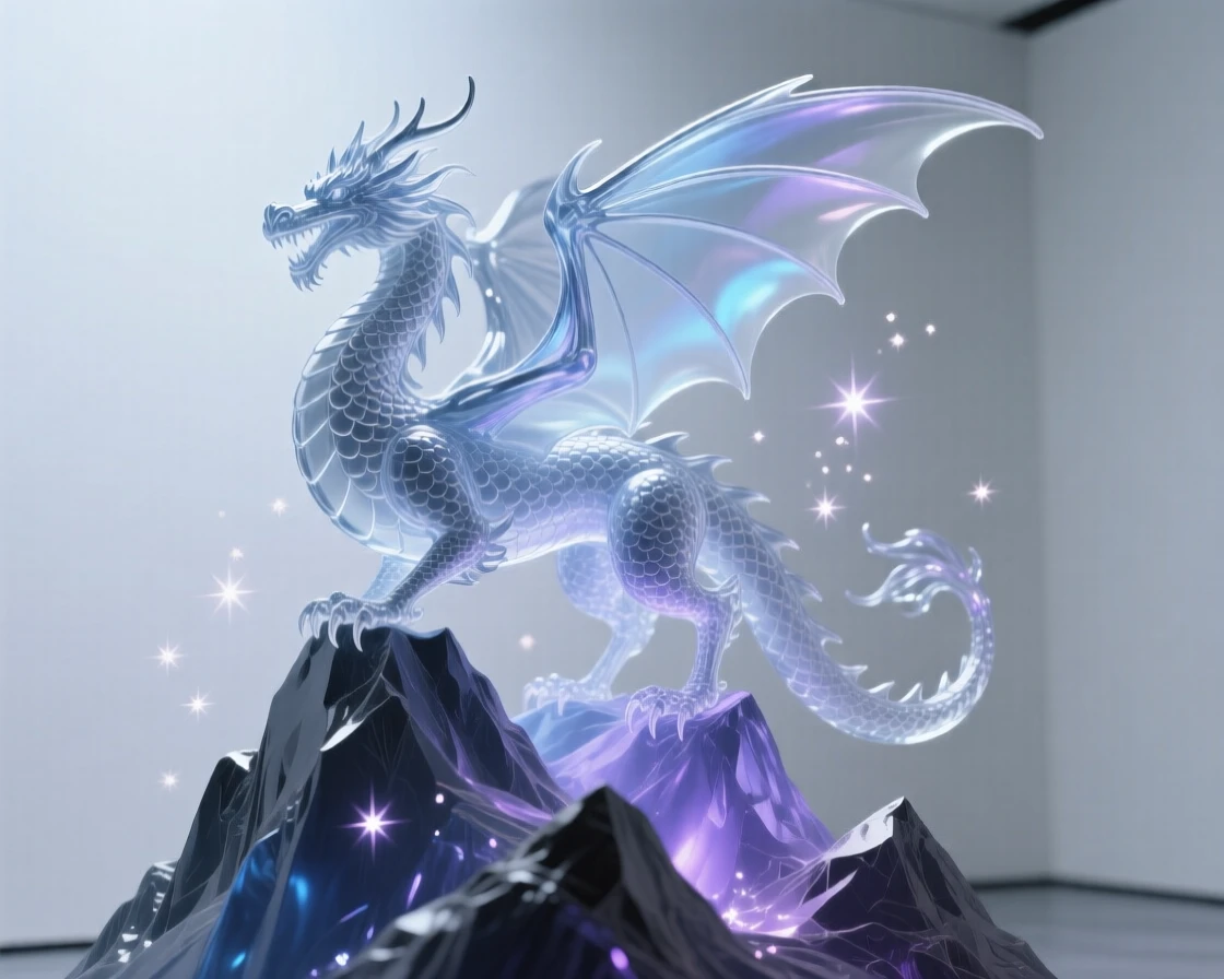 A majestic dragon perched on a mountain peak, bathed in soft magical light with drifting sparkles in the air, epic and awe-inspiring composition, evoking wonder and adventure.
