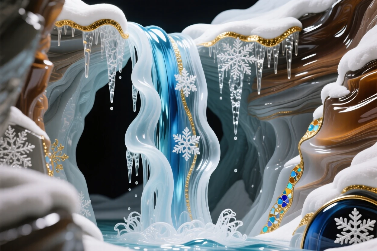 A frozen waterfall suspended mid-cascade in a winter canyon, dramatic and sculptural.
