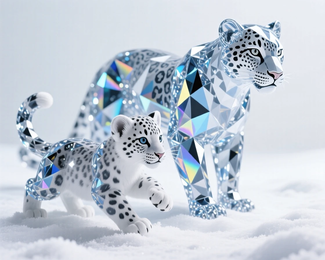 A snow leopard cub playing in fresh powder snow beside its watchful mother.