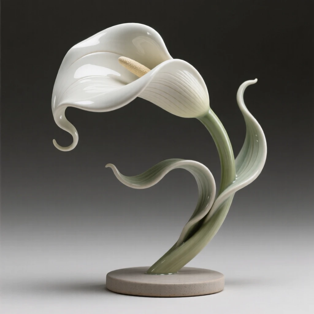 An elegant calla lily curved gracefully arranged as if freshly gathered, its edges delicately curled and textured, radiating freshness and natural elegance.
