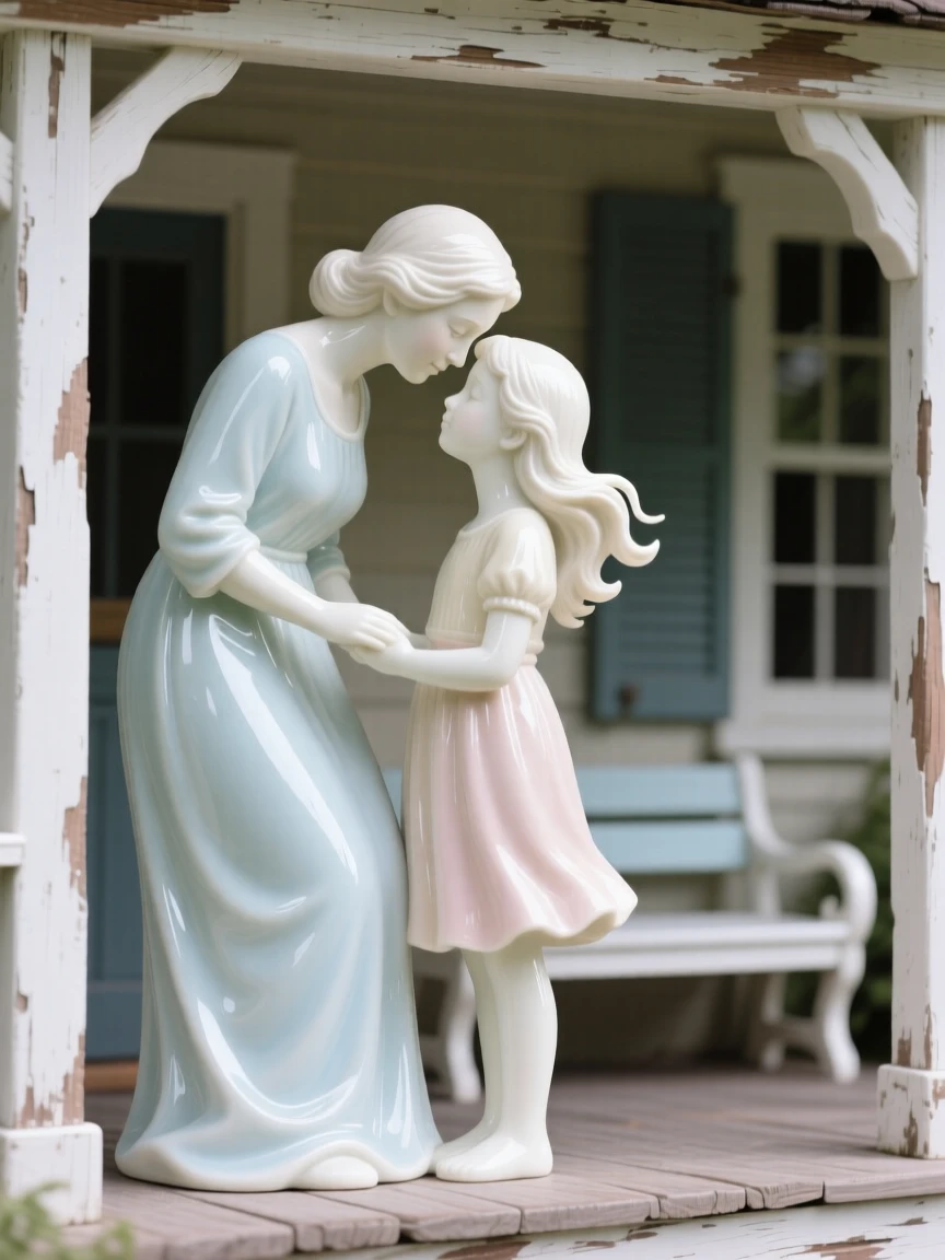 A tender scene of a mother and daughter exchanging a gentle forehead touch in a rustic farmhouse porch, a soft breeze lifting loose strands of hair.