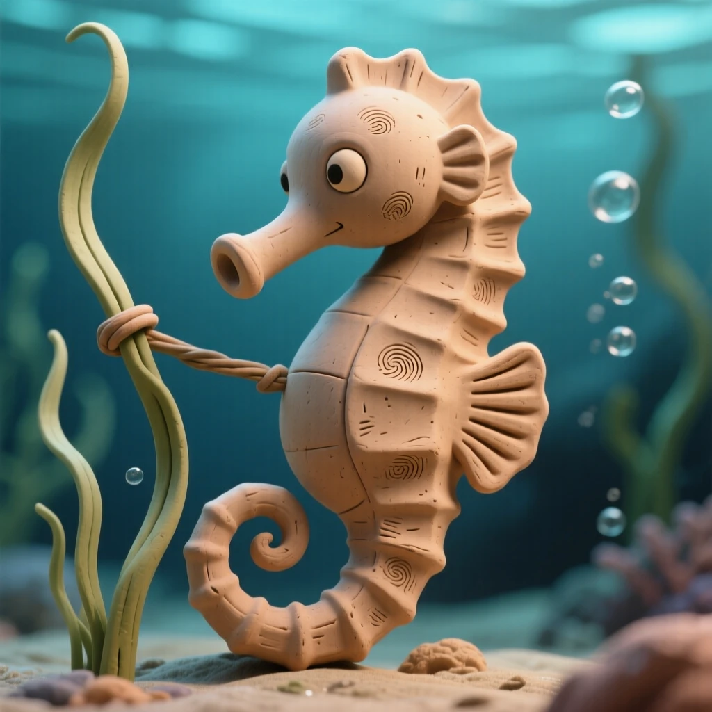 A seahorse anchoring itself to a swaying strand of sea grass