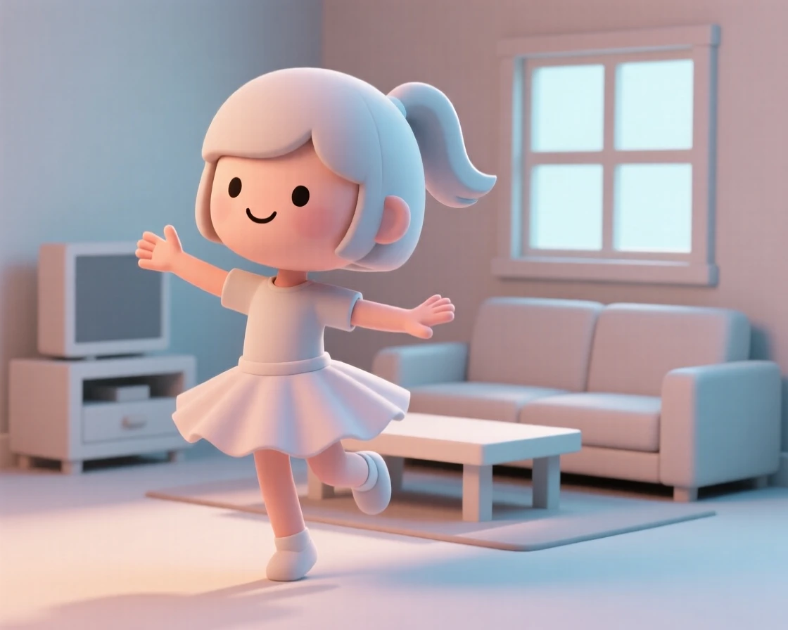 A little girl in a tutu twirls in the living room, arms outstretched with pure joy on her face.
