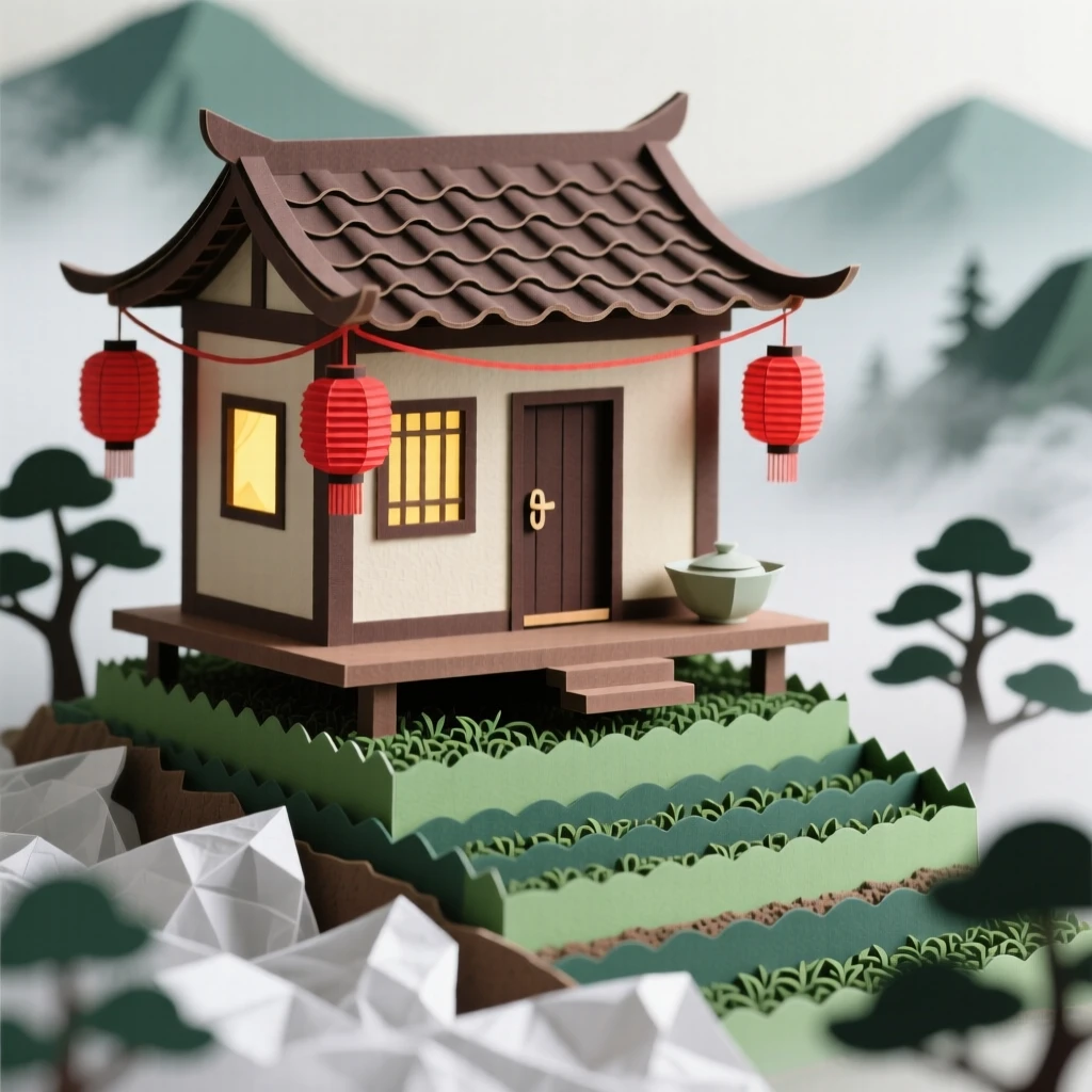 A traditional tea house on a misty mountainside in East Asia, red lanterns glowing softly, terraced tea fields disappearing into the fog below, evoking tranquility and tradition.