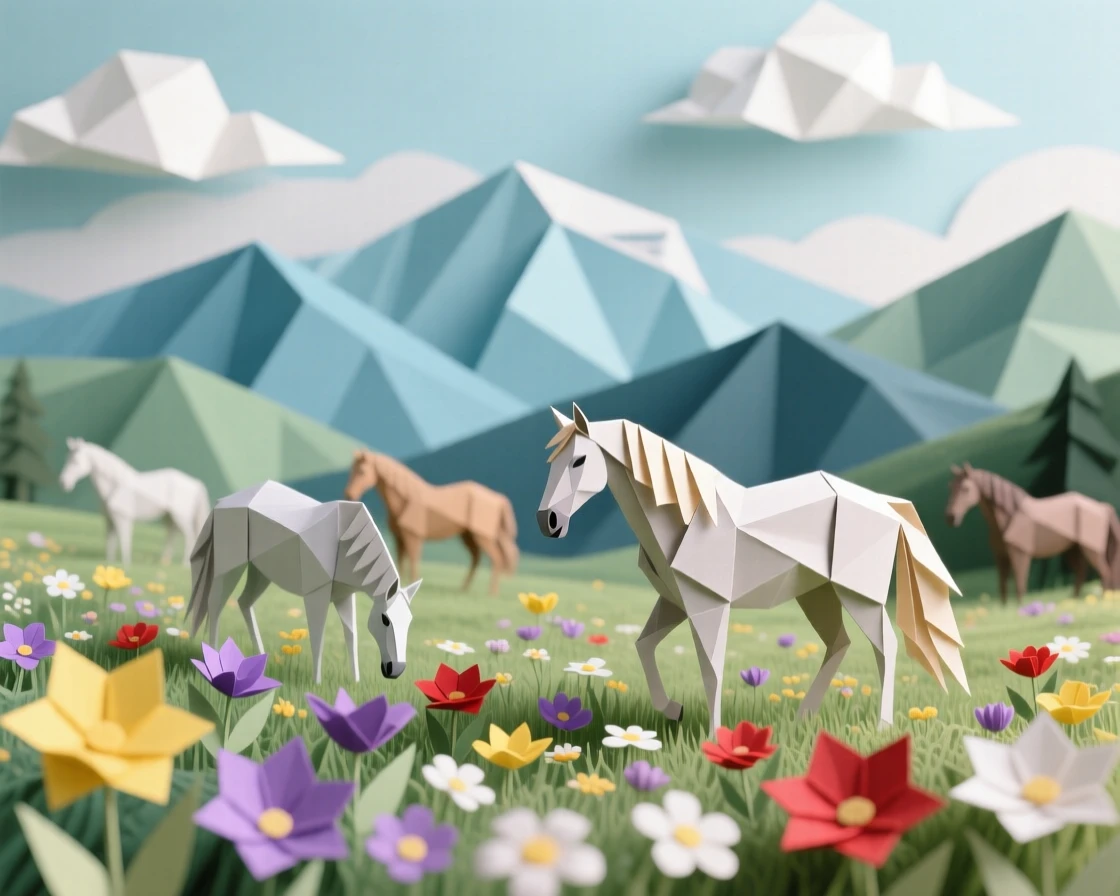 A mountain meadow covered in wildflowers with a herd of wild horses grazing peacefully.