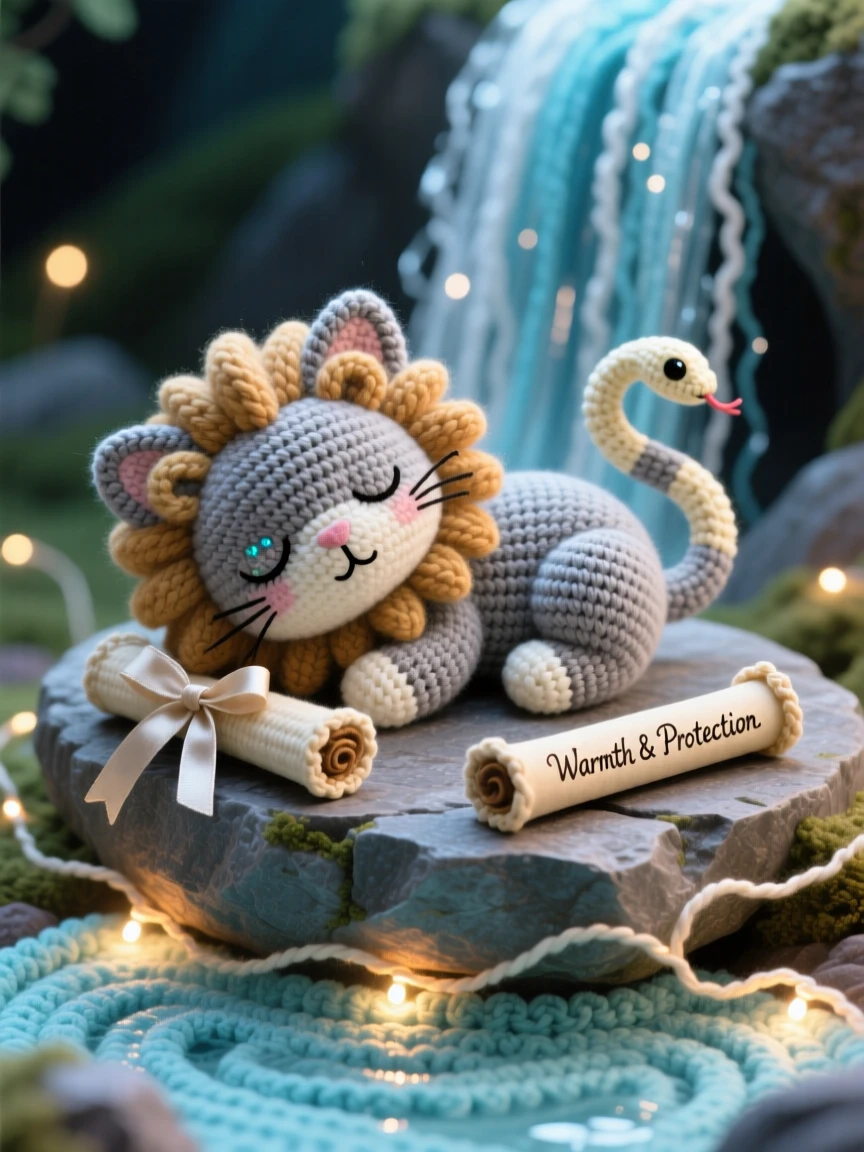 In a magical waterfall cascading into a glowing pool, a baby chimera kitten with a tiny snake tail and lion-like fluff is captured curled up asleep on a stone ledge, surrounded by a tiny scroll tied with a ribbon, filled with a warm, protective tenderness.