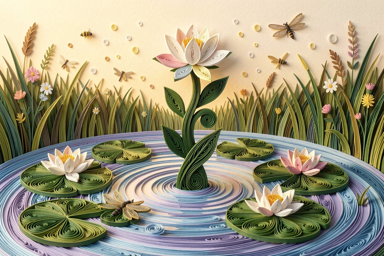 A serene botanical study of a still pond covered in lily pads and blossoms in a quiet countryside meadow at sunrise, surrounded by drifting pollen and tiny insects, arranged with a single stem as the clear focal point.