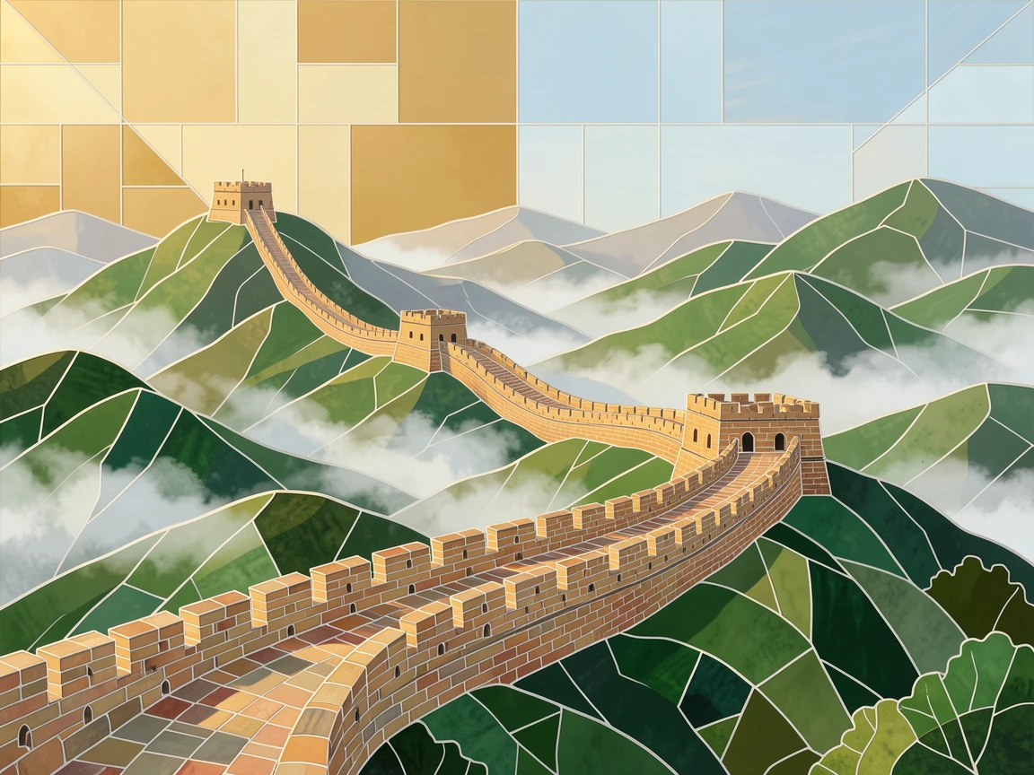 A breathtaking wide-angle view of the Great Wall of China winding across misty green mountains, with rich warm lighting and fine architectural detail.