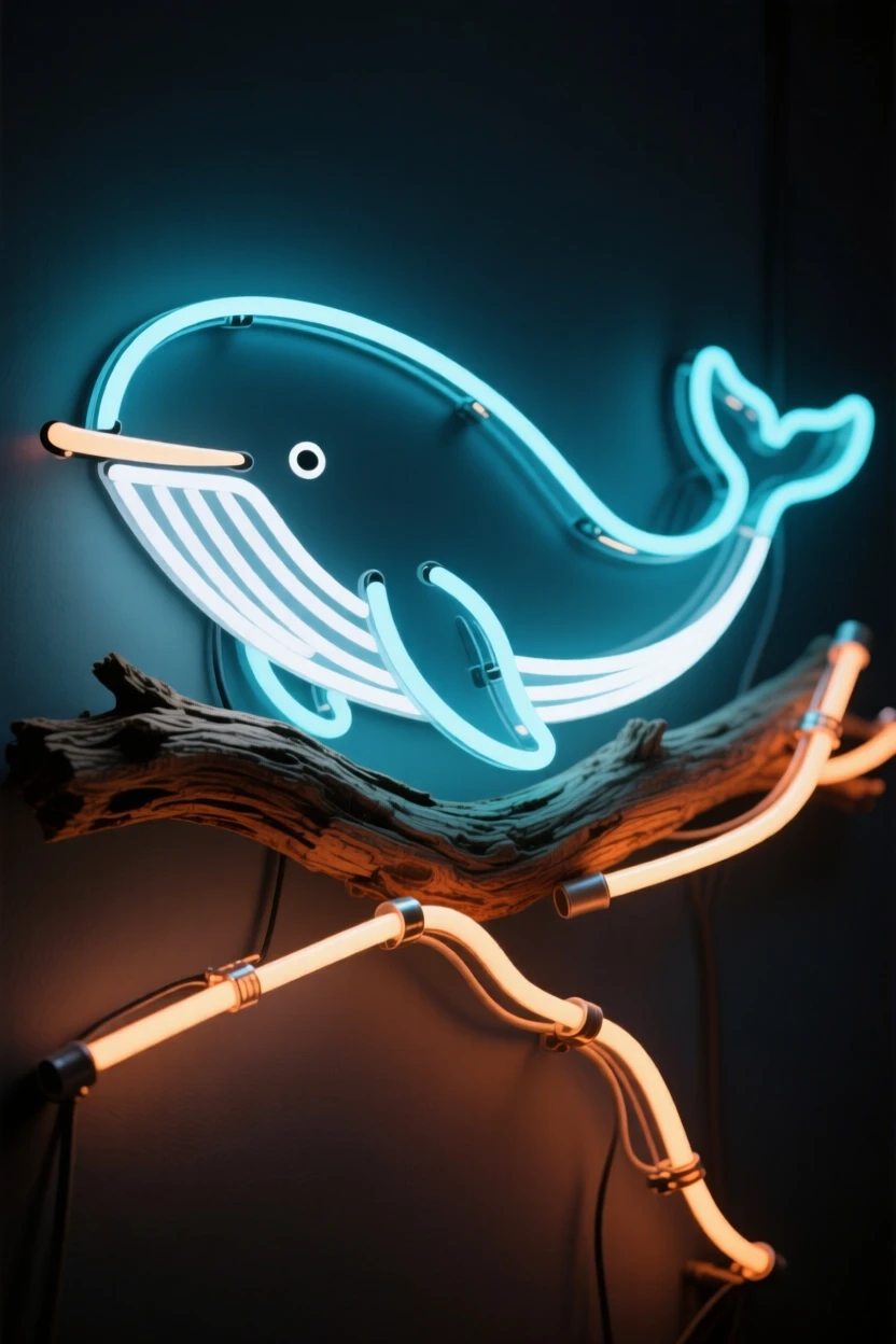 A narwhal resting quietly on a weathered branch.