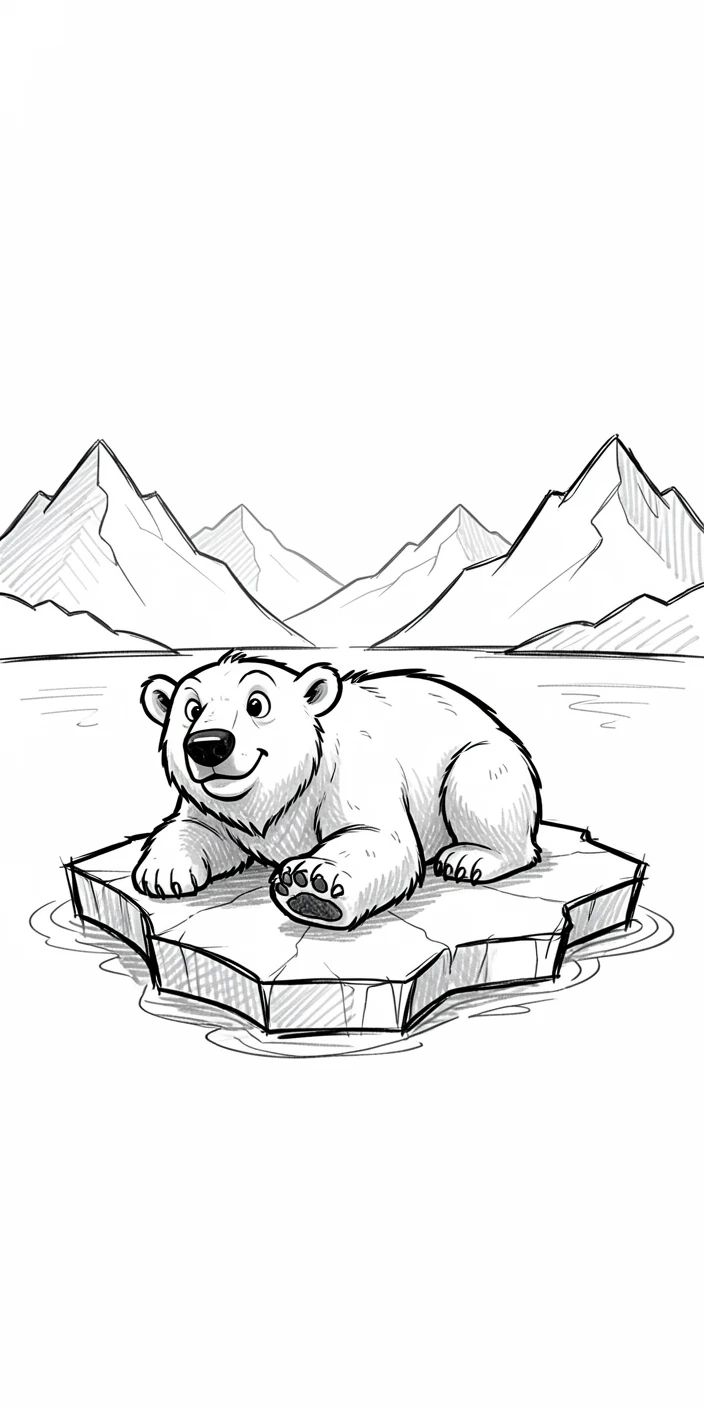 A polar bear on an ice floe beside a quiet mountain lake.