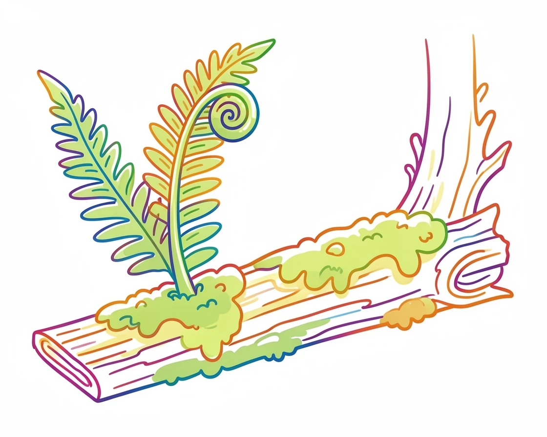A fern unfurling its fiddlehead beside a moss-covered log in a forest.