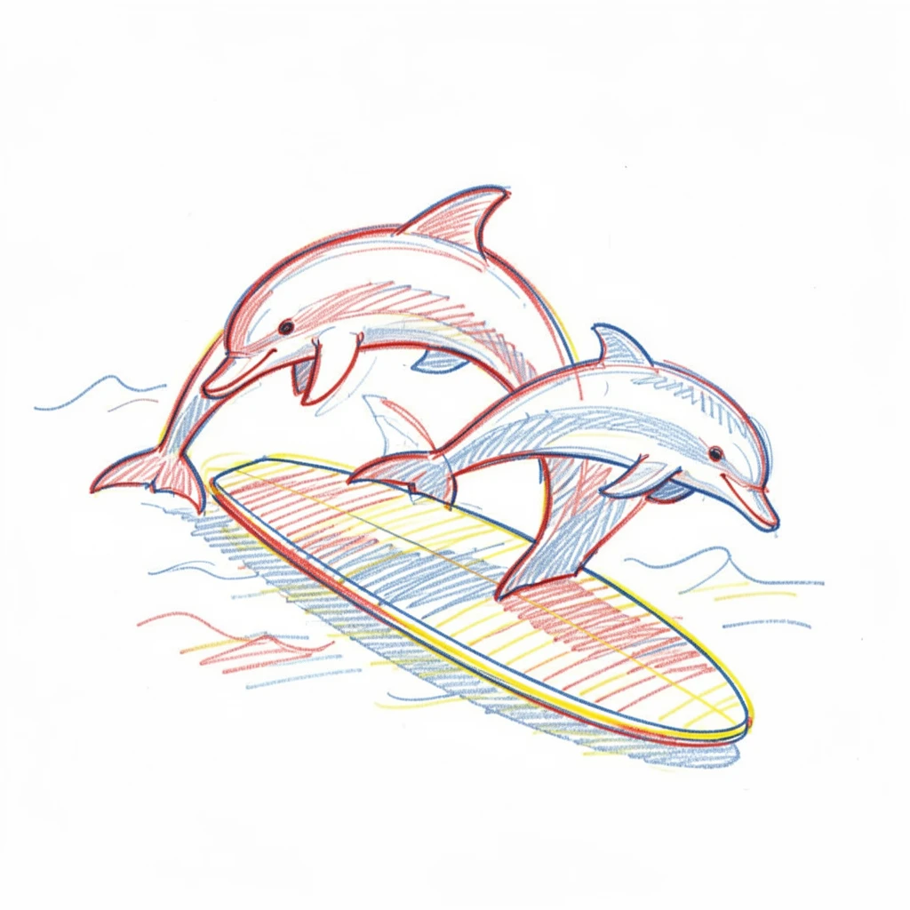 A group of dolphins swimming playfully beneath a surfer's board