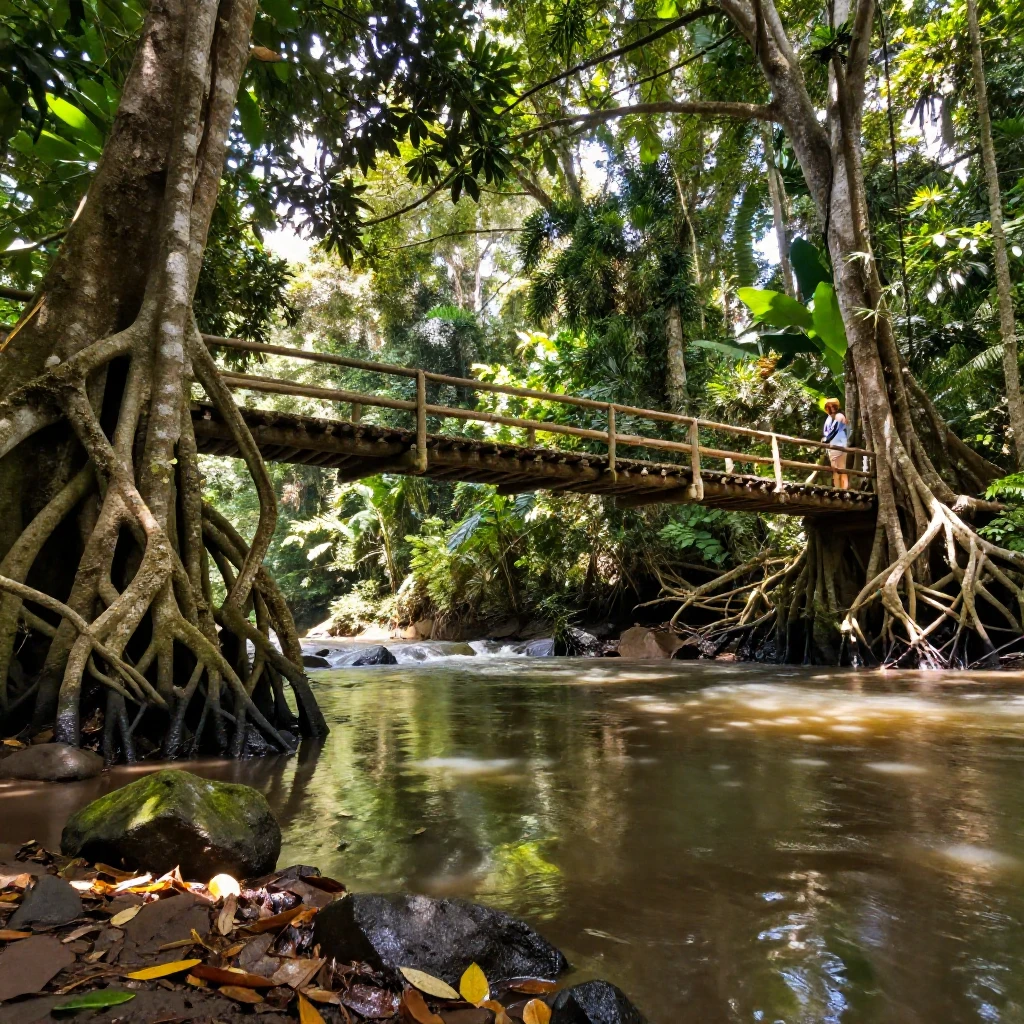 A bridge made entirely of living tree roots spans a jungle river.