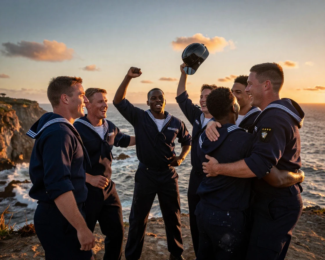 A team of sailors celebrating a hard-won victory together on an open stretch of coastline
