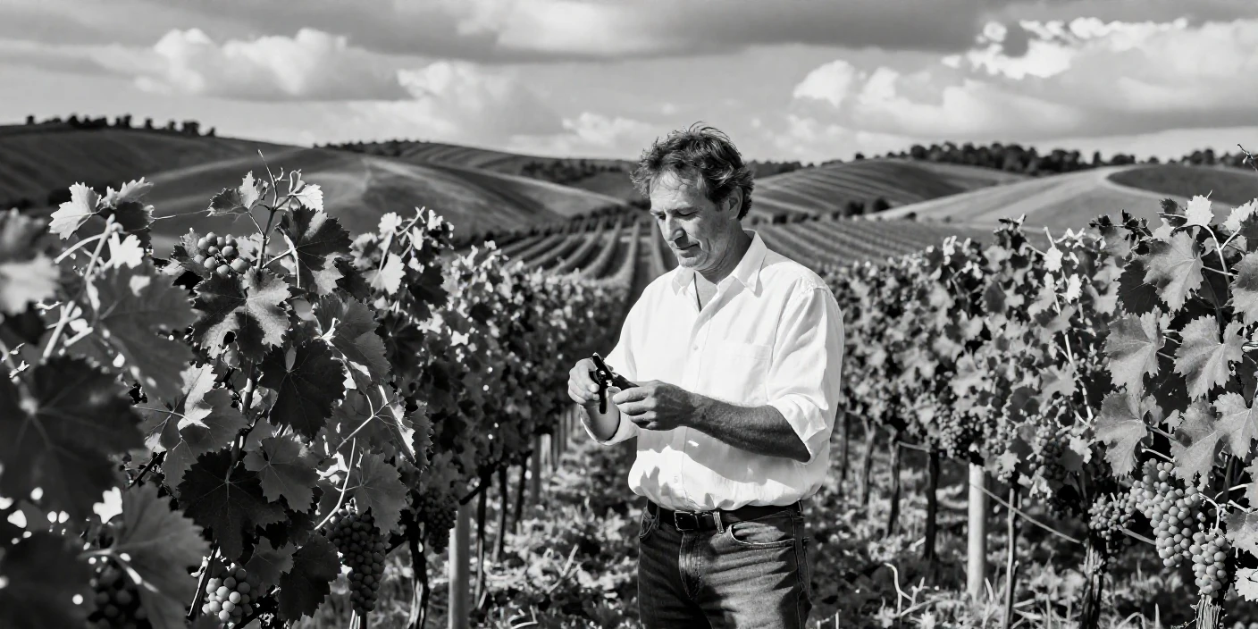 A vineyard owner inspects rows of ripening grapes across sunlit rolling hills.