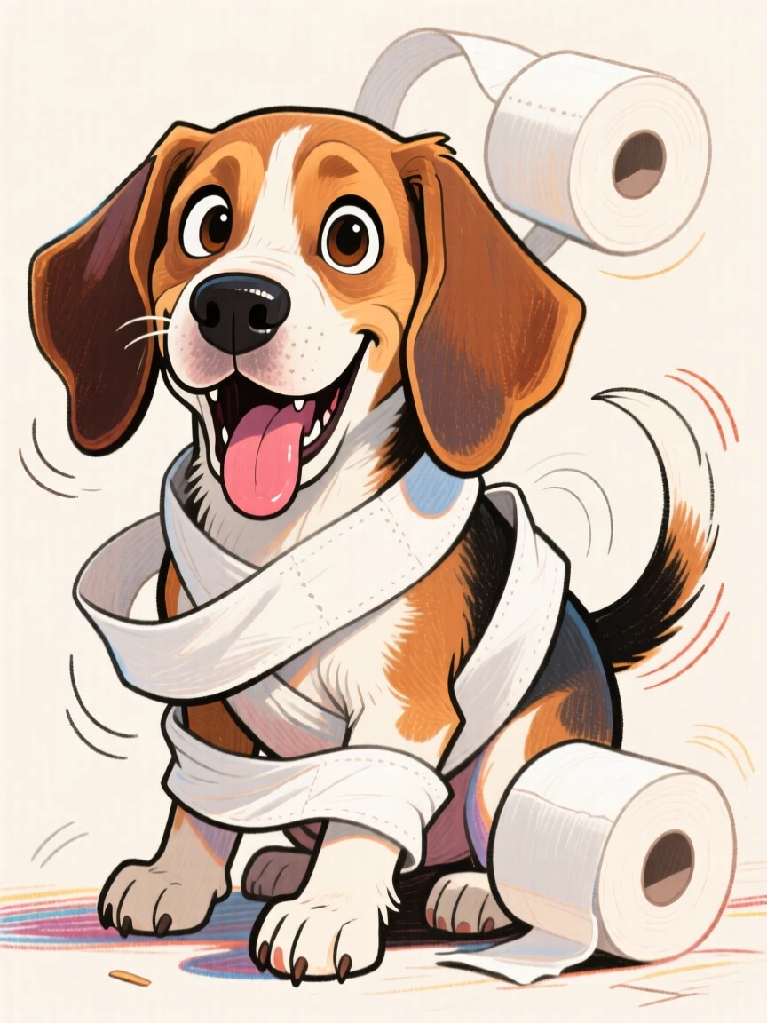 A goofy beagle puppy tangled up in a roll of toilet paper, tail wagging.